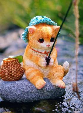 原创可爱小猫钓鱼花园流水装饰摆件庭院假山造景树脂工艺品摆设