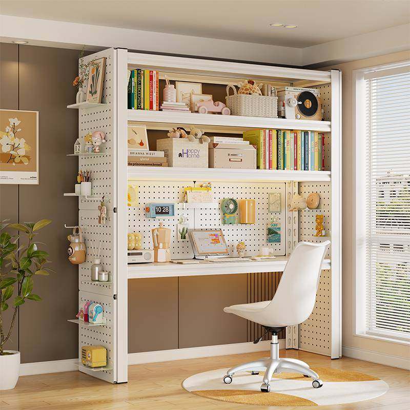书桌书架一体家用置物架学生带洞洞板电竞桌子卧室落地货架电脑桌