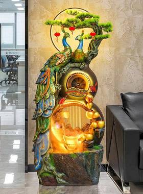 孔雀循环流水幕墙落地招财客厅玄关装饰流水生财乔迁新居开 业摆