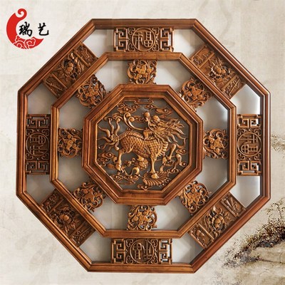 东阳木雕香樟木挂件 中式壁挂电箱挂件八角麒麟挂件玄关壁挂挂屏