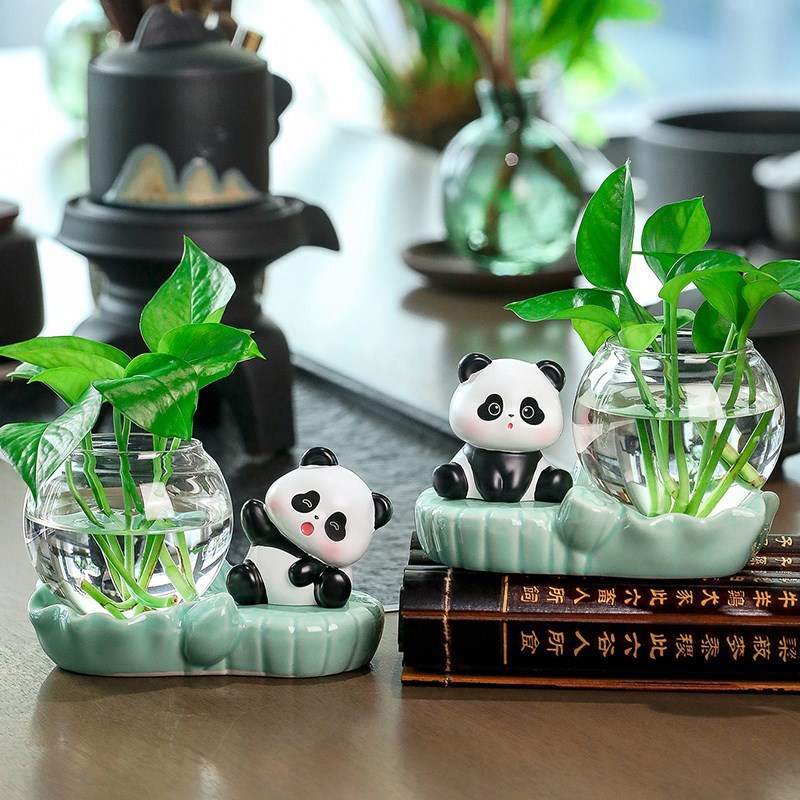 卡通可爱熊猫水培创意摆件客厅水养植物花瓶办公室工位桌面装饰品