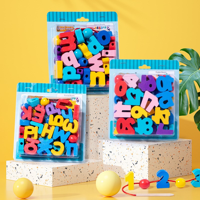 儿童串珠子穿线绳益智专注力训练数字字母城市交通水果蔬菜农场