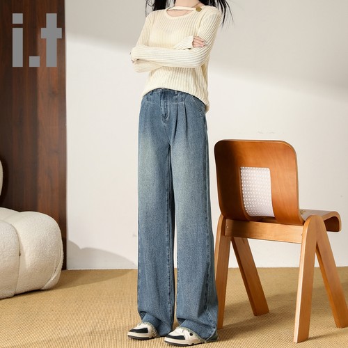 i.t ccaabb蓝色水洗阔腿牛仔裤女2025款高腰显瘦百搭窄版拖地裤K
