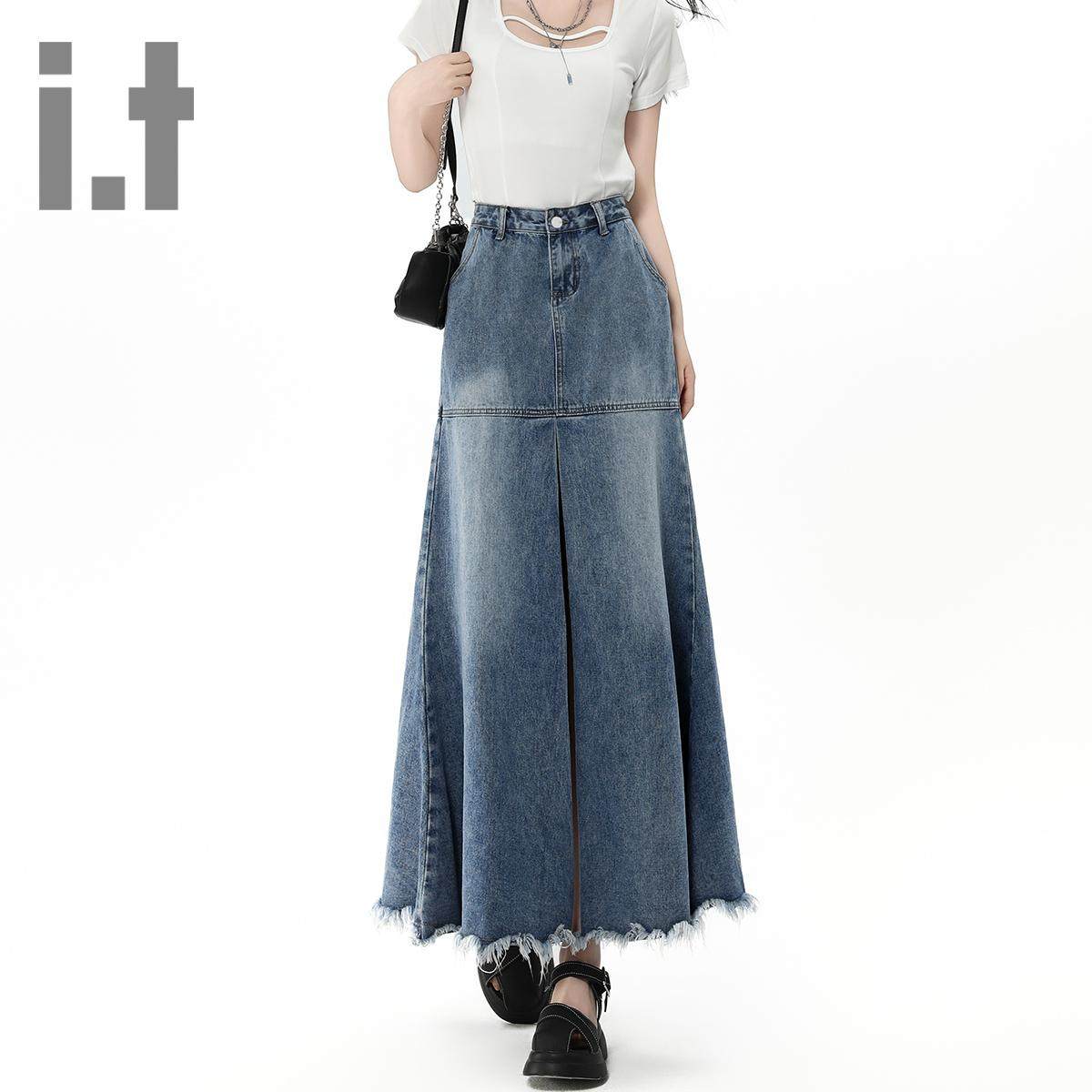 it ccaabb2025春季牛仔裙新款小众设计感开叉百搭显瘦中长鱼尾裙K