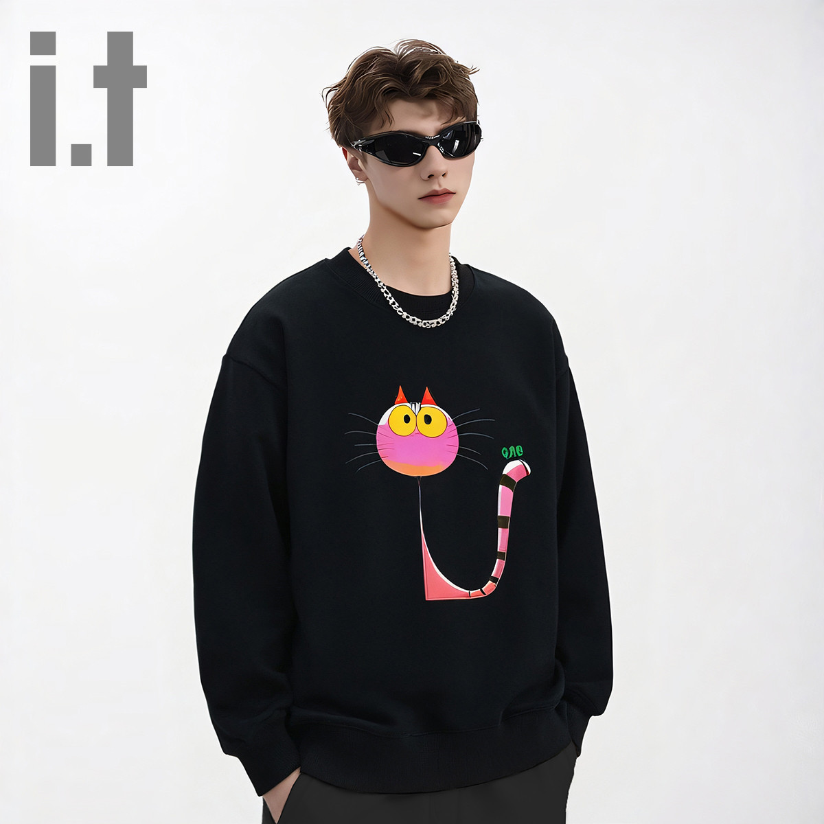 i.t ccaabb【情侣款】高级感猫咪印花宽松流行圆领卫衣K
