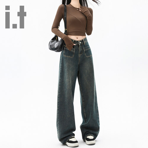 it ccaabb复古阔腿牛仔裤女2025春夏新款高腰垂感拖地直筒裤K