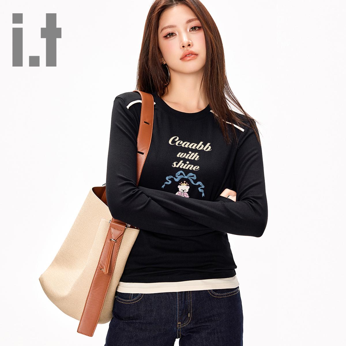 it ccaabb春季圆领新款长袖t恤女字母印花假两件百搭打底衫上衣K
