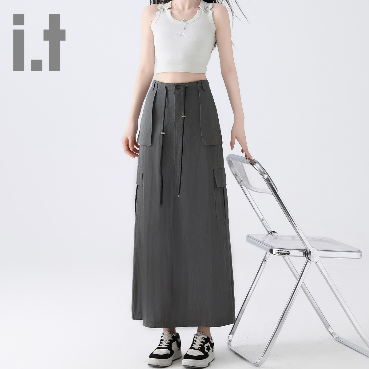 it ccaabb灰色工装半裙女休闲夏2025新款高腰a字裙显瘦半身长裙K
