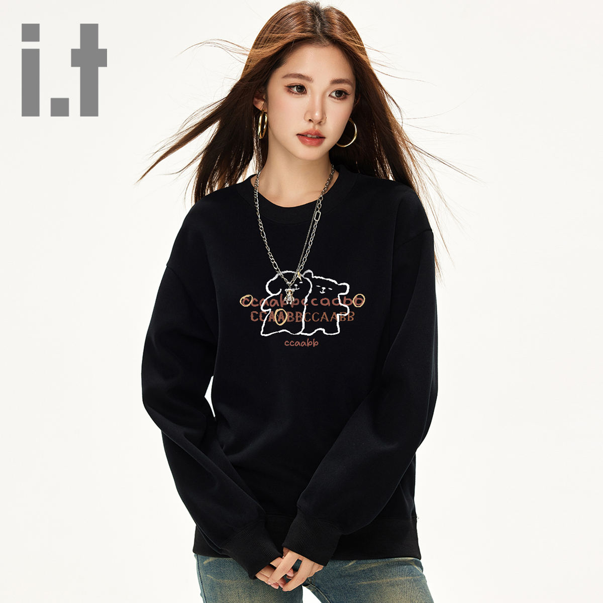 it ccaabb美式圆领卫衣女春秋新套头宽松百搭潮牌慵懒风上衣K