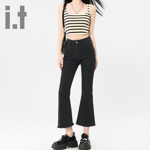 it ccaabb2025修身黑色毛边微喇牛仔裤女小个子显瘦高腰喇叭裤K
