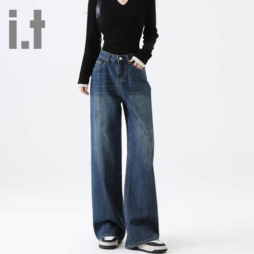 it ccaabb复古阔腿牛仔裤女小个子窄版直筒宽松高腰显瘦长裤子K