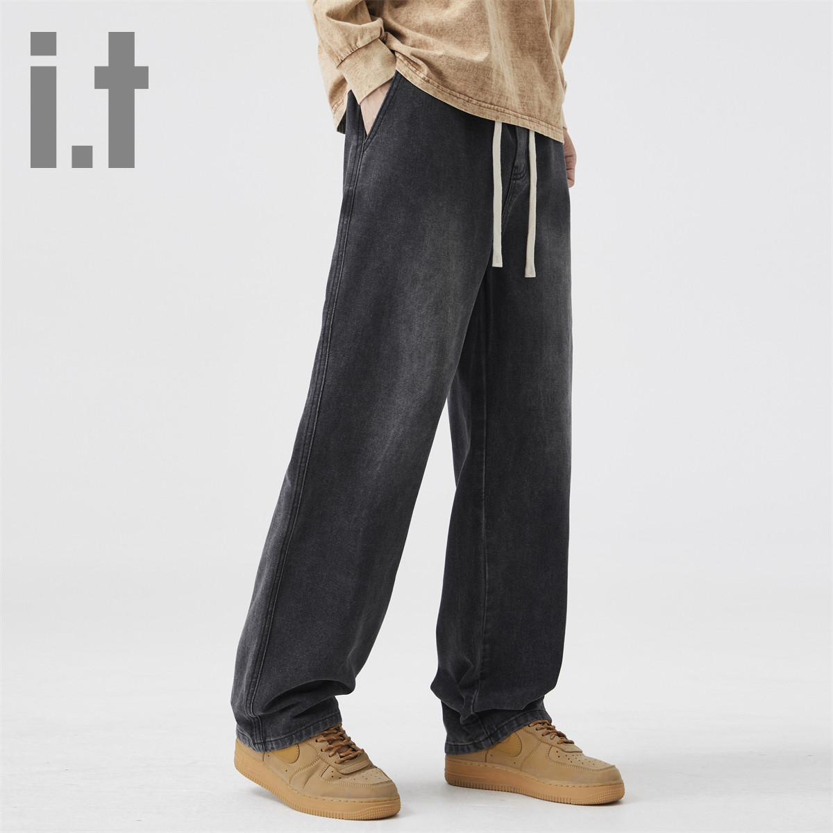 i.t ccaabb春秋水洗磨白松紧腰系带直筒长裤男式牛仔裤K