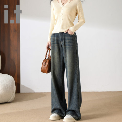 it ccaabb冬季新款复古牛仔裤女加绒加厚宽松简约直筒阔腿裤K