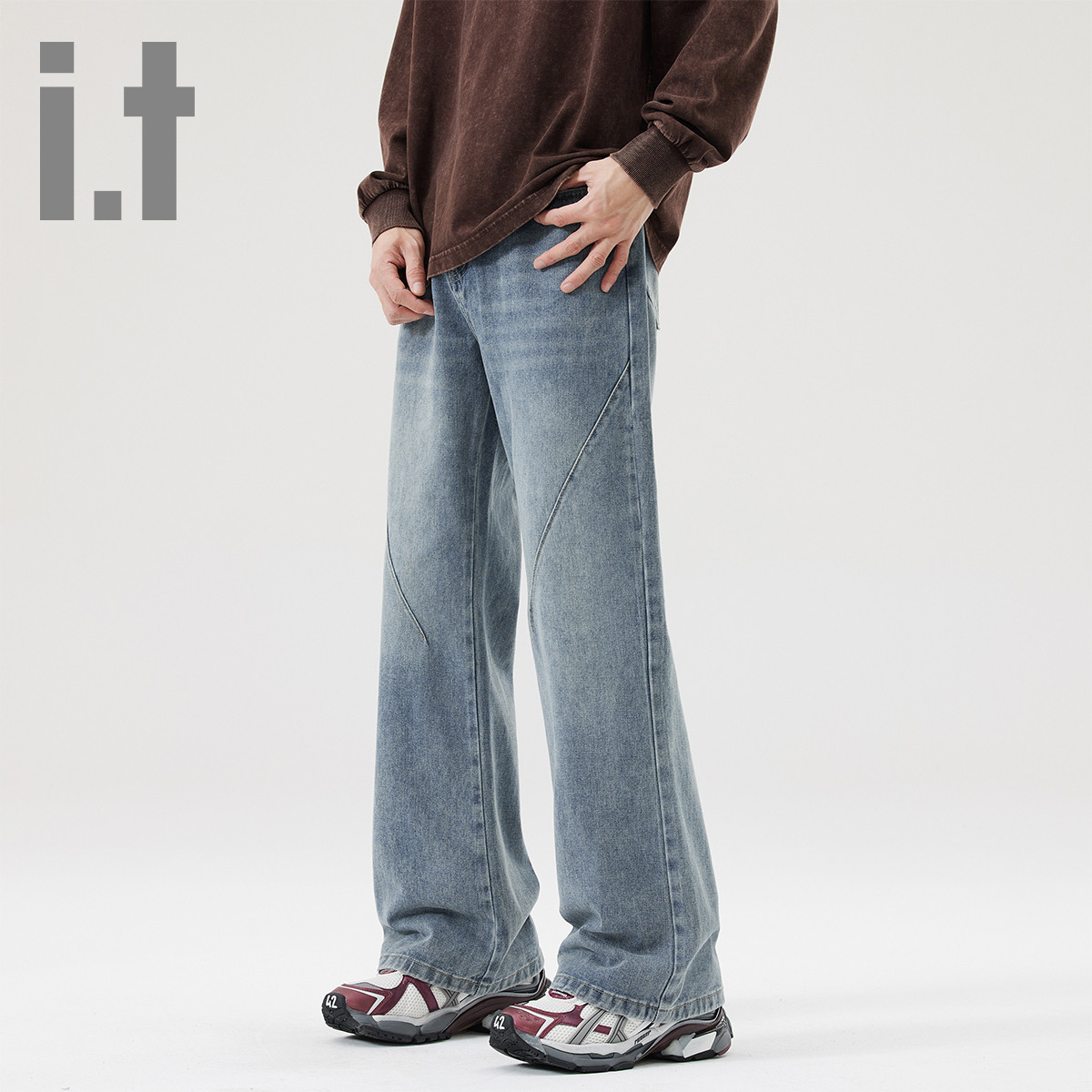 i.t ccaabb常规休闲逛街猫须拼接阔腿裤长裤男式牛仔裤K