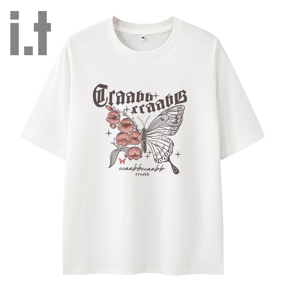 it ccaabb蝴蝶印花圆领短袖T恤女套头流行夏款休闲上衣女装体恤K