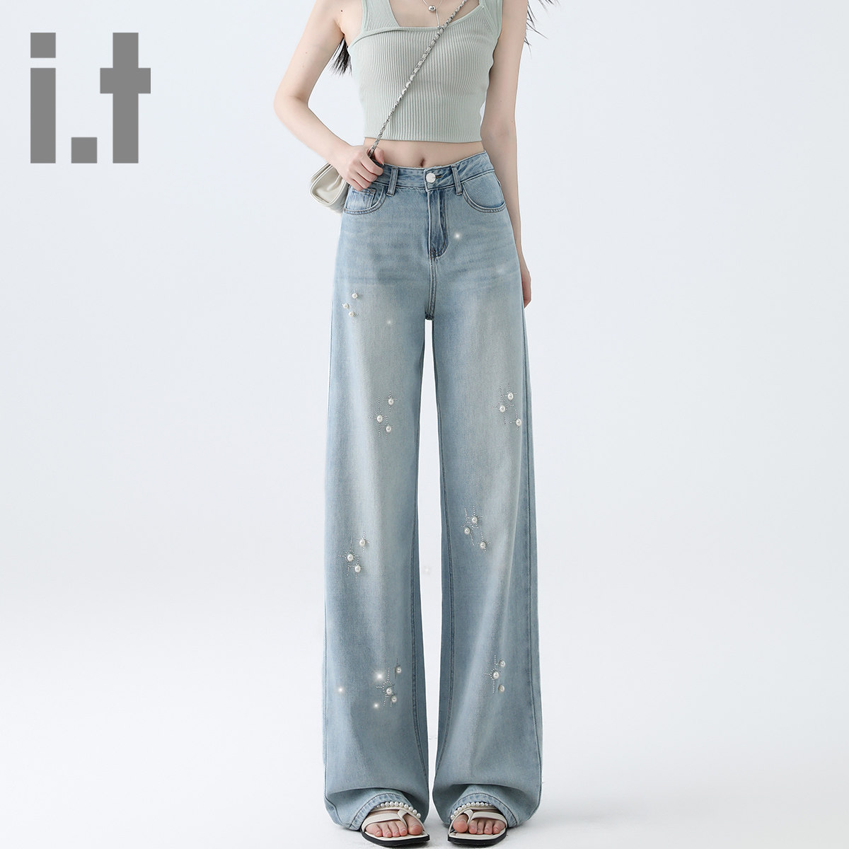 it ccaabb浅色重工珍珠烫钻牛仔裤女新款宽松显瘦直筒阔腿裤长裤K