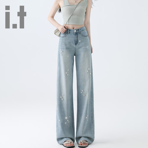 it ccaabb浅色重工珍珠烫钻牛仔裤女新款宽松显瘦直筒阔腿裤长裤K