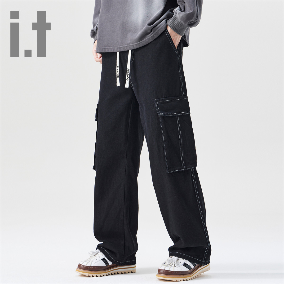 i.t ccaabb秋冬新款宽松阔腿长裤系带工装裤子牛仔裤男K