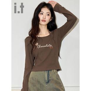 T恤女春秋季 时尚 潮流圆领长袖 字母纯色百搭上衣 CHOCOOLATE韩版