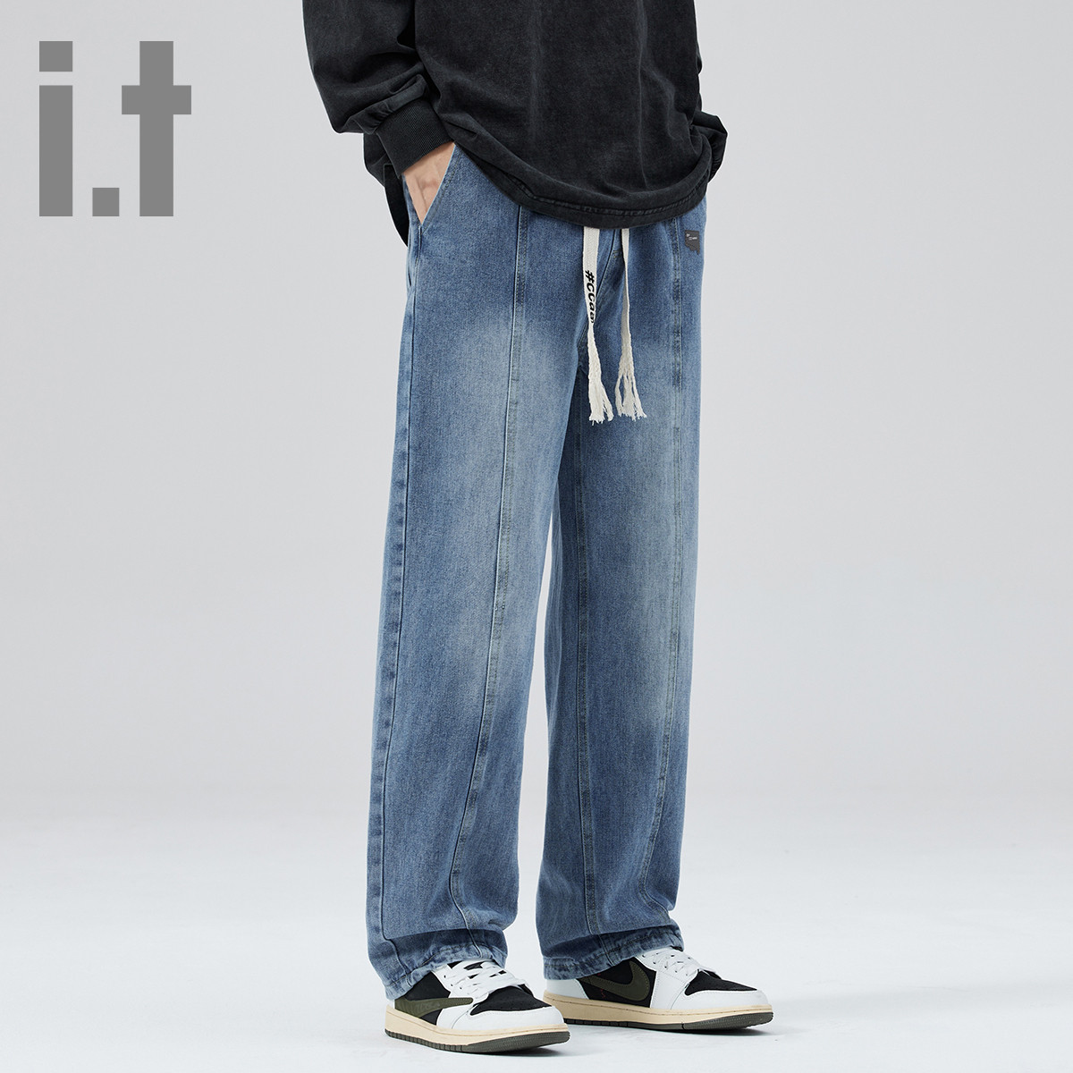 i.t ccaabb松紧腰微磨白系带LOGO长裤男夏季牛仔裤K