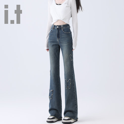 it ccaabb蝴蝶刺绣微喇牛仔裤女春秋弹力新款高腰显瘦喇叭裤女K