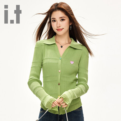 it ccaabb春秋季绿色翻领针织上衣女小众爱心纽扣开衫设计针织衫K