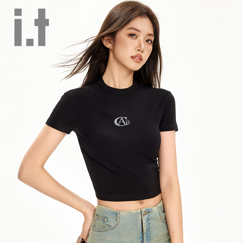 it ccaabb美式复古黑色正肩短袖t恤女夏季薄款修身修身高腰上衣K