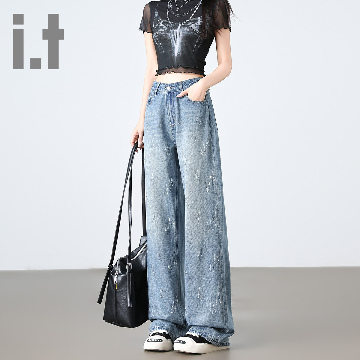 满天星烫钻显瘦高腰牛仔裤