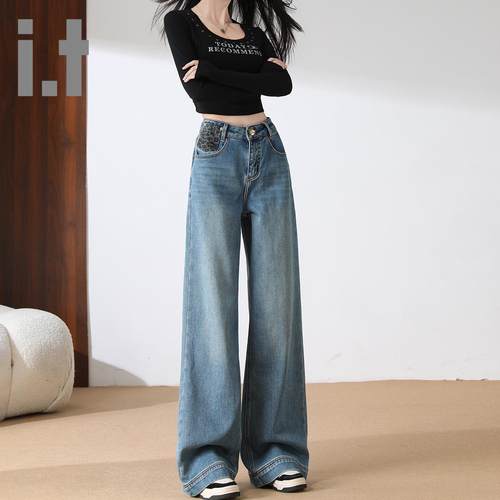 it ccaabb复古窄版阔腿牛仔裤女2025新款高腰显瘦直筒裤子K