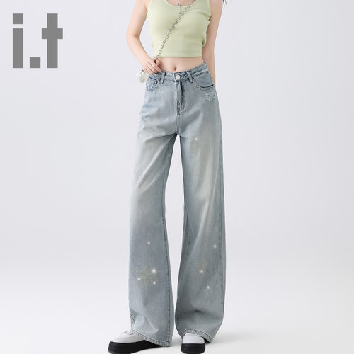 it ccaabb浅色牛仔裤女春秋新款高腰烫钻设计感宽松阔腿直筒裤K