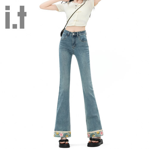it ccaabb微喇牛仔裤女修身显瘦高腰裤脚花朵刺绣新款喇叭裤子K
