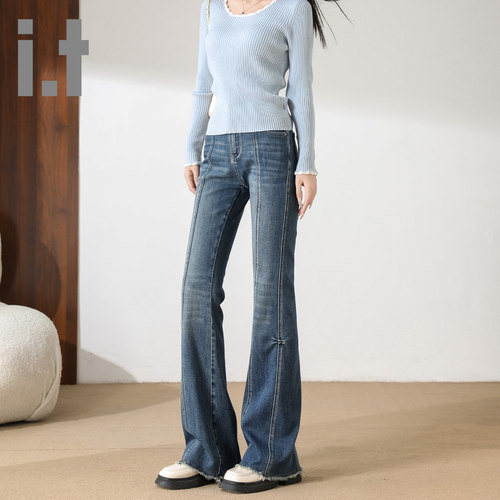 it ccaabb高腰牛仔喇叭裤女新款显瘦百搭修身弹力毛边微喇裤子K