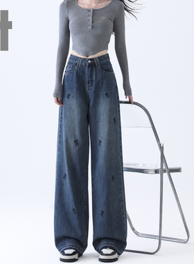 it ccaabb冬季加绒牛仔裤女蝴蝶结印花设计感显瘦款高腰加厚长裤K