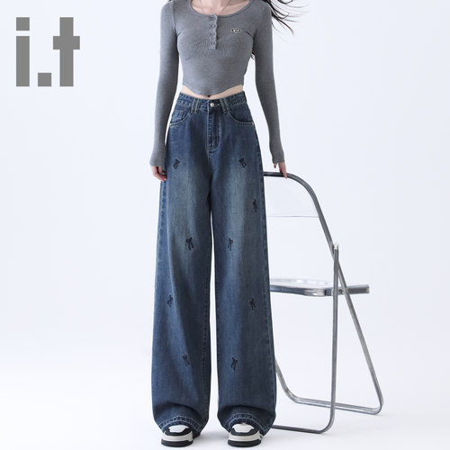 it ccaabb冬季加绒牛仔裤女蝴蝶结印花设计感显瘦款高腰加厚长裤K