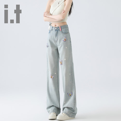 it ccaabb美式牛仔裤女修身立体蝴蝶刺绣设计高腰阔腿裤长裤女装K