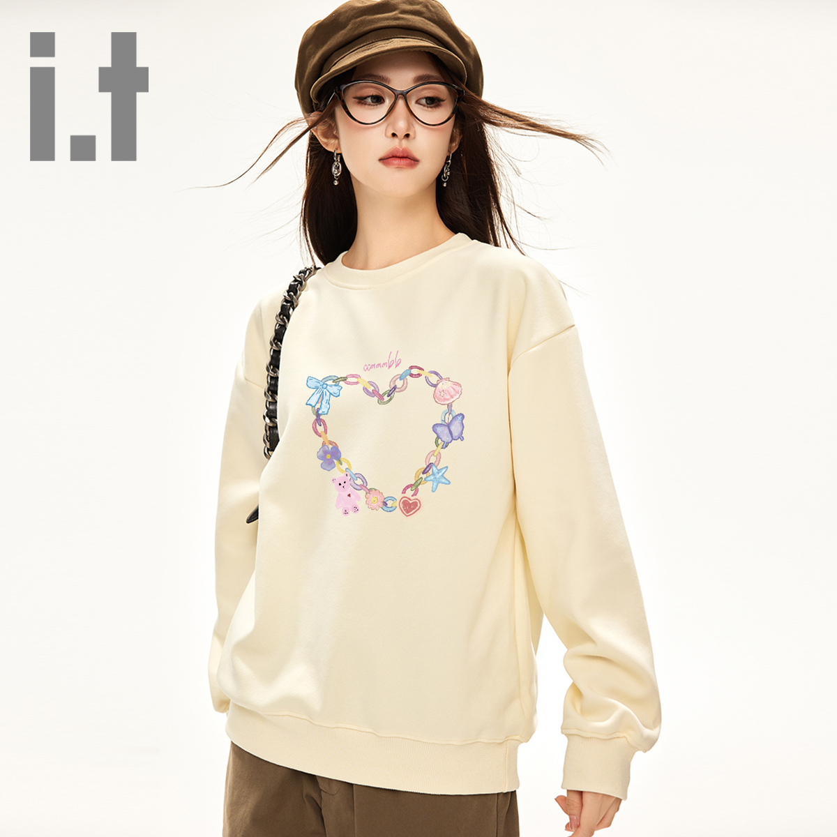 it ccaabb甜酷风印花圆领卫套头长袖卫衣女甜美印花宽松拼色上衣K