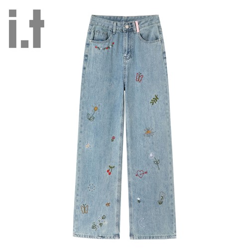 2025新款刺绣田园风高腰牛仔裤