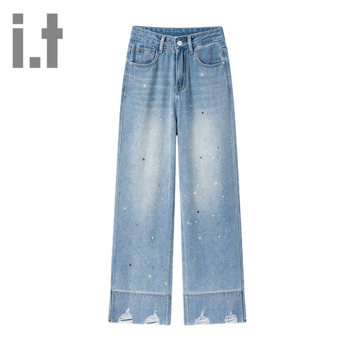 it ccaabb春秋女百搭高腰水洗牛仔裤复古做旧烫钻裤子直筒阔腿裤K
