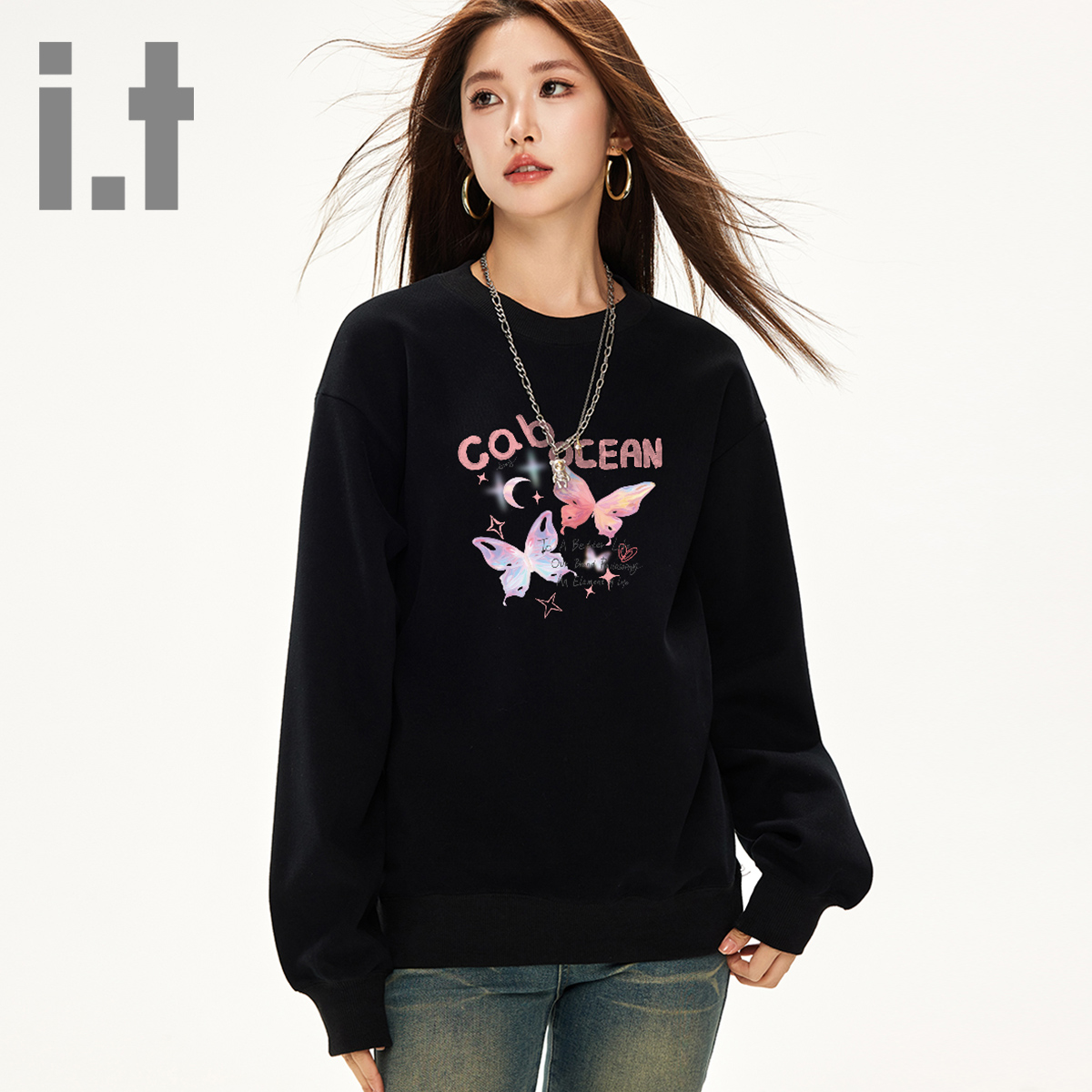 it ccaabb秋冬一体绒蝴蝶印花新款棉质圆领套头卫衣女装加厚百搭K