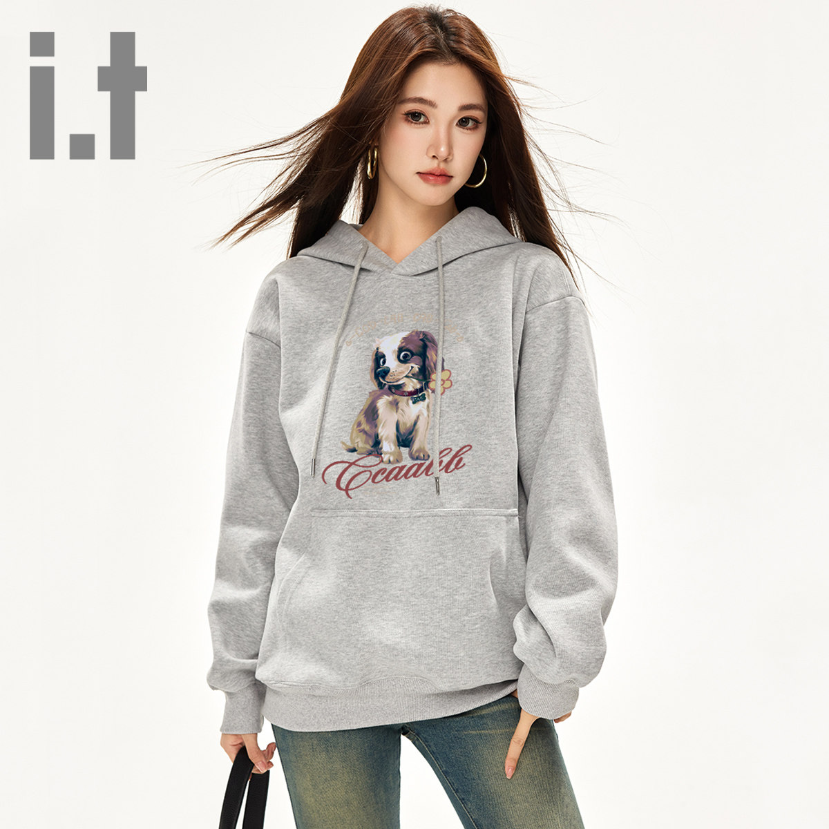it ccaabb春秋季女士连帽卫衣小狗卡通印花设计灰色宽松套头上衣K