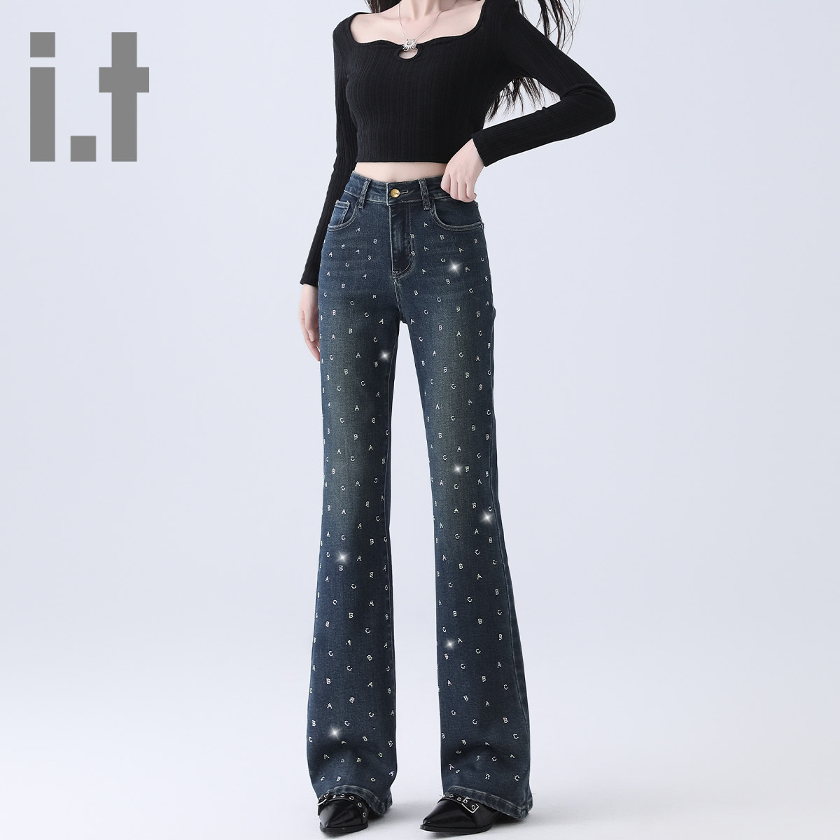 it ccaabb高腰微喇牛仔裤烫钻印花春秋新修身显瘦喇叭裤长裤子K
