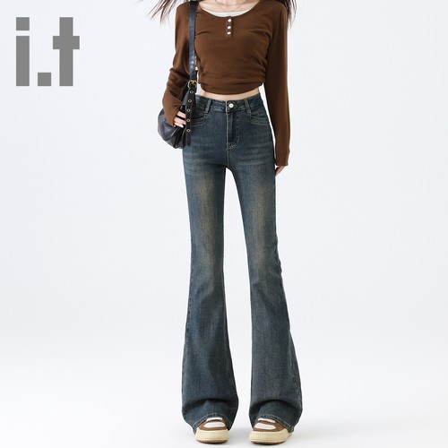 it ccaabb复古蓝辣妹高腰微喇牛仔裤女新款弹力高个子拖地喇叭裤K