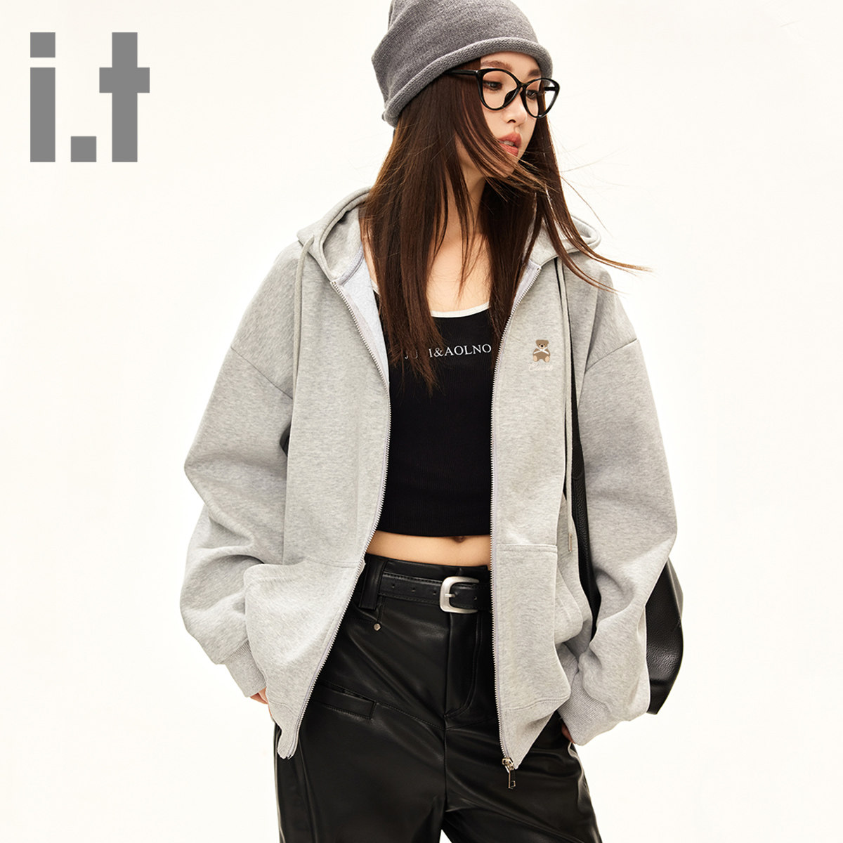 it ccaabb秋冬新款加绒连帽卫衣开衫外套女宽松拉链灰色上衣K