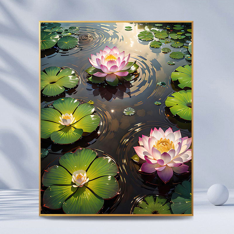 荷花数字油画diy填充填色减压零基础儿童手工涂鸦丙烯油彩装饰画图片