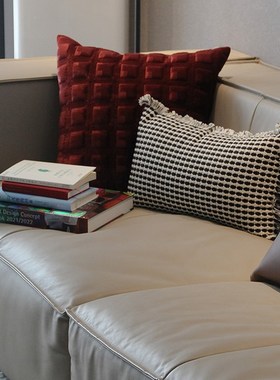 ELIN LONIN现代红咖色系沙发搭配靠垫抱枕米灰色狐狸毛方枕