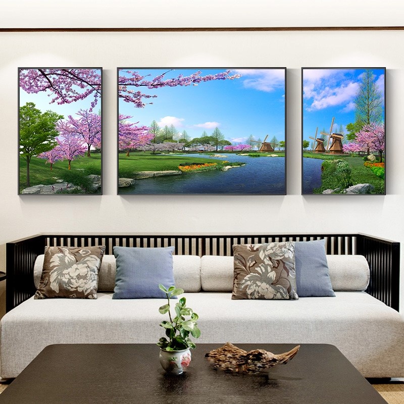 现代简约客厅装饰画沙发背景墙挂画风景海景玻璃面三联晶瓷壁定做图片