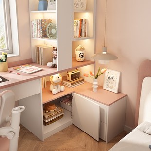 儿童房公风转角书架书桌一体家用卧室小户型电脑桌床头柜子定制