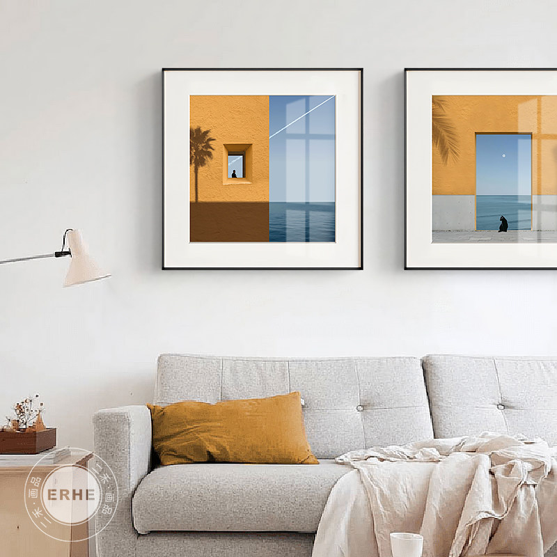 听海现代海边风景装饰画橙蓝色建筑客厅墙样板房文艺卡纸挂画,家居饰品,现代装饰画,淘宝优惠券,粉丝福利购,淘宝优惠卷