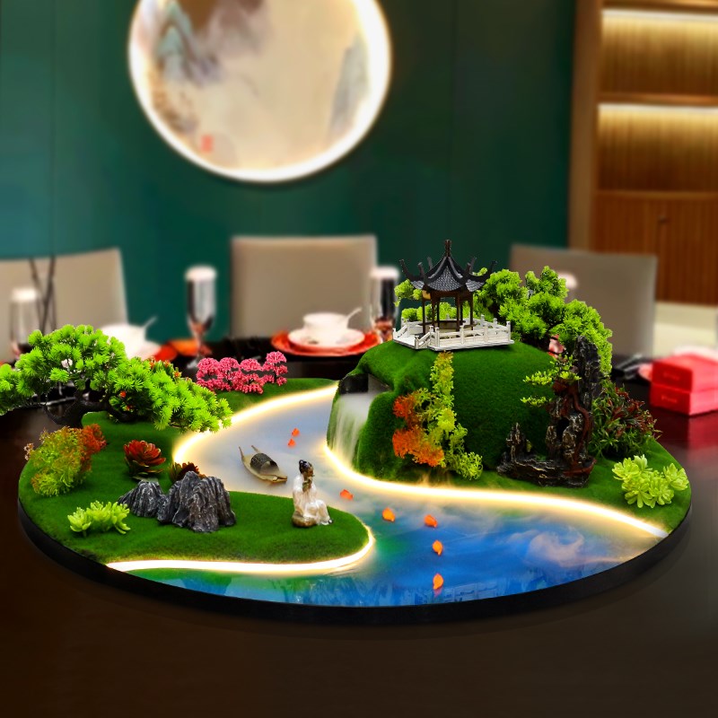 酒店餐桌中间摆花喷雾化流水灯光遥控桌摆转盘摆件圆桌装饰品盆景