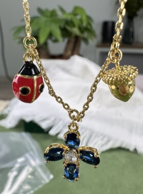 新款时尚甜美田园风镶嵌珐琅釉锆石花朵 松果  瓢虫多坠金属项链